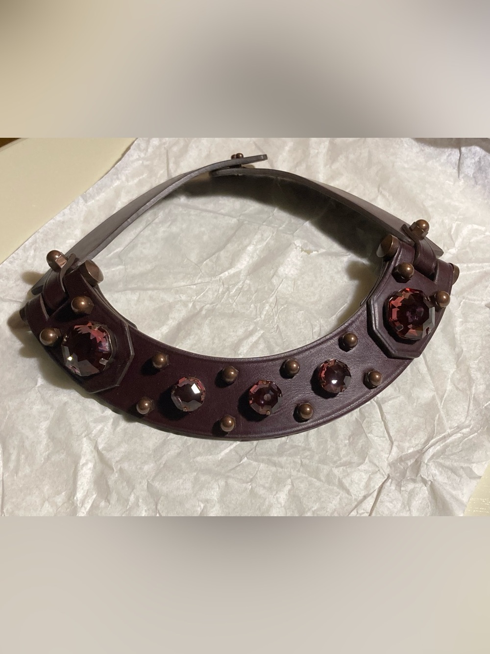 Lanvin Burgundy Leather Collar Necklace with Faceted Garnet Crystals